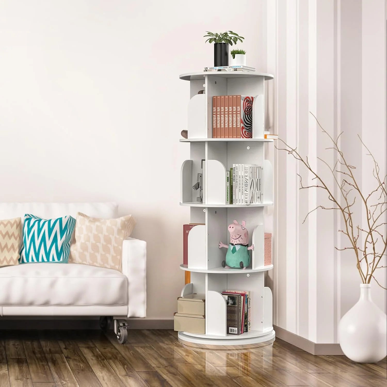 White 4 Tier Rotating Bookshelf E51409