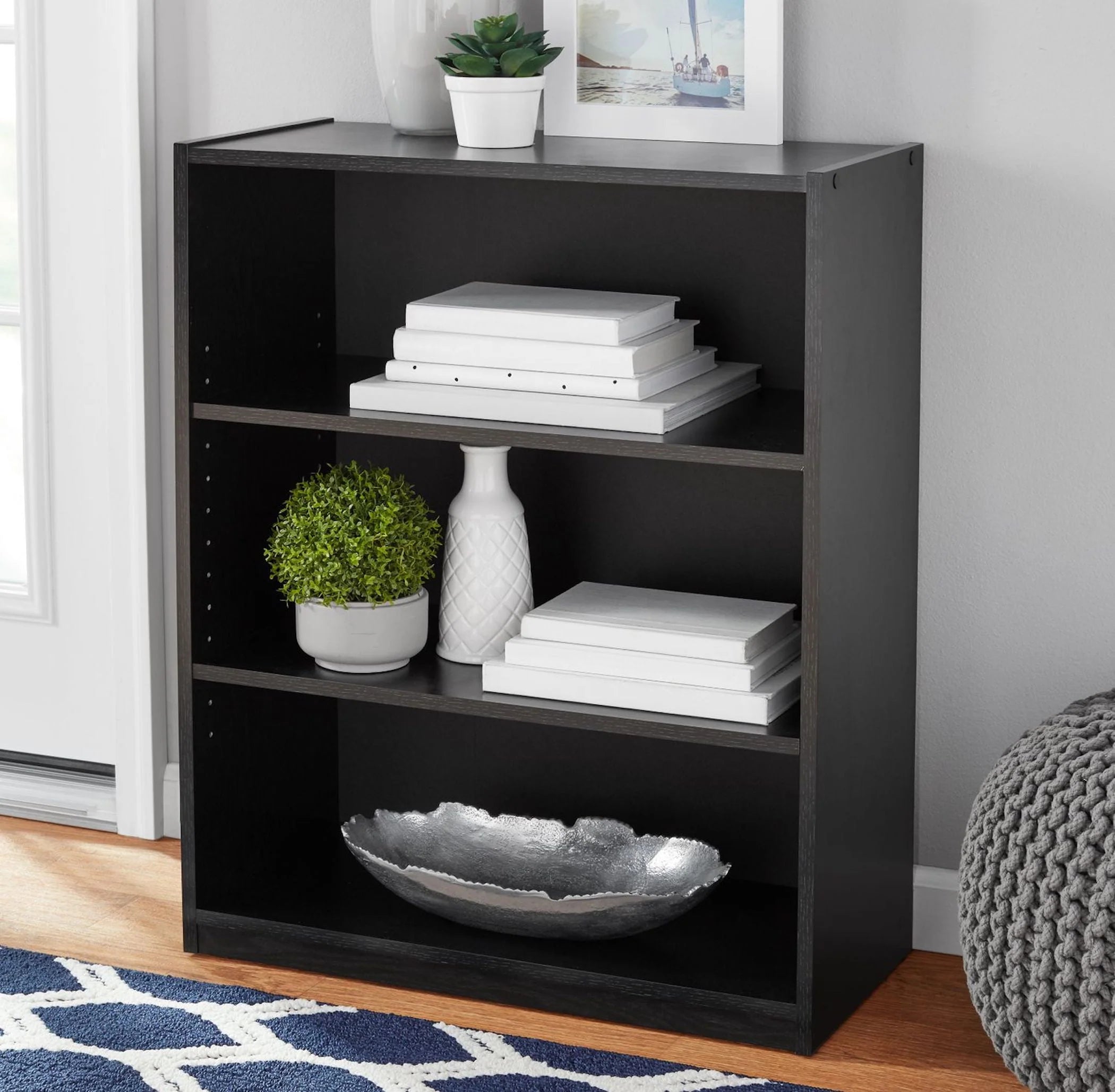 3-Shelf Bookcase with Adjustable Shelves, Black Oak E77347