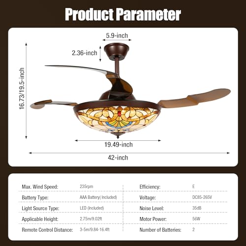 Tiffany Style Stained Glass Ceiling Fan with Light and Remote Control Y55629
