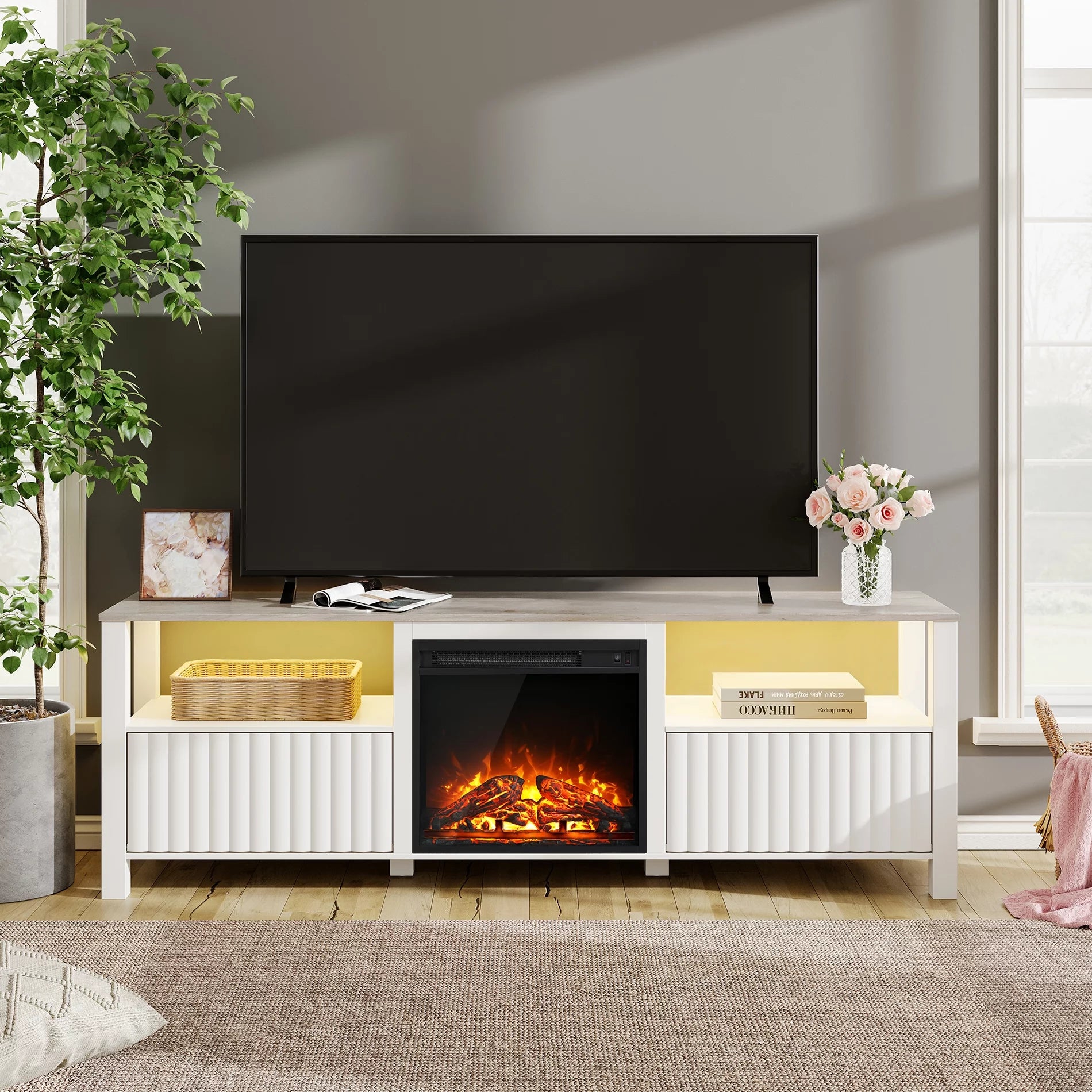 White 70 inch Electric Fireplace TV Stand P73578