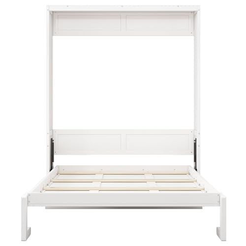 White Full Size Wood Murphy Bed with Desk D853
