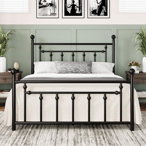 14 Inch Full Size Metal Platform Bed Frame with Victorian Vintage Headboard and Footboard Black G474