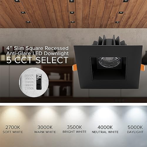 4 in. Ultra-Thin Recessed LED Downlight Canless IC Rated 1200 Lumens 5 Color Temperature Selectable Dimmable Square White Trim 90 CRI R168