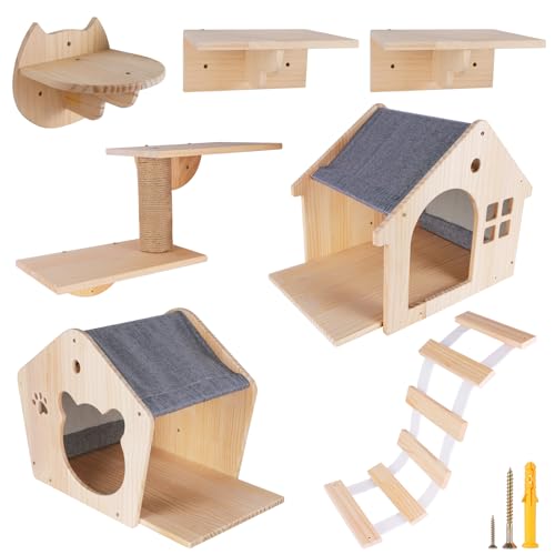 Cat Wall Shelves Set of 7 Wall Mounted Cat Furniture with Cat Scratching Post T7339