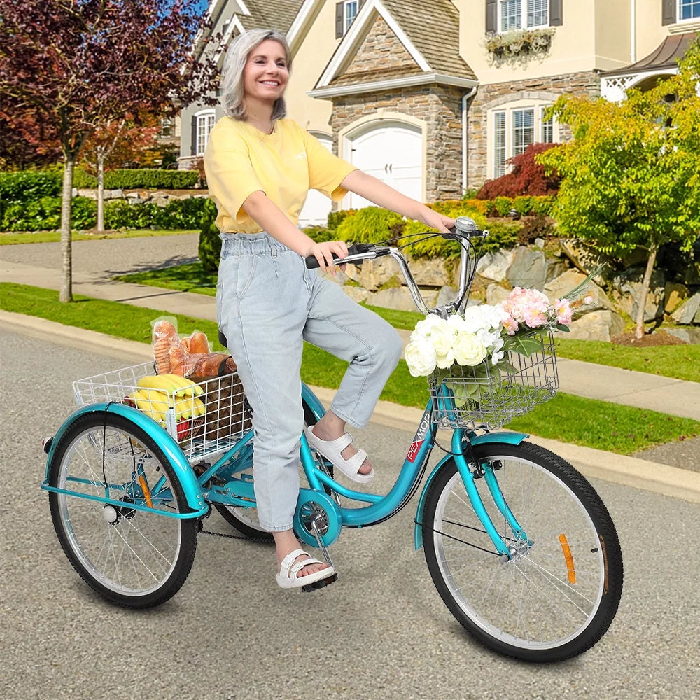 Adult Trike 7 Speed 24/26 Inch Three-Wheeled Cruiser Bike with Folding Front & Rear Basket Adjustable Height Seat R54578