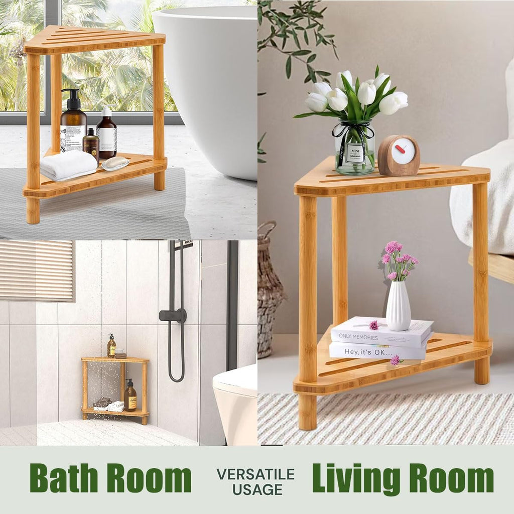 Bamboo Corner Shower Stool with Storage Shelf W221956