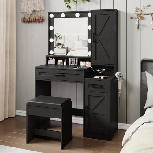 White 36.4 inch Vanity Desk with Mirror and Lights, Chair, 2 Drawers D4440