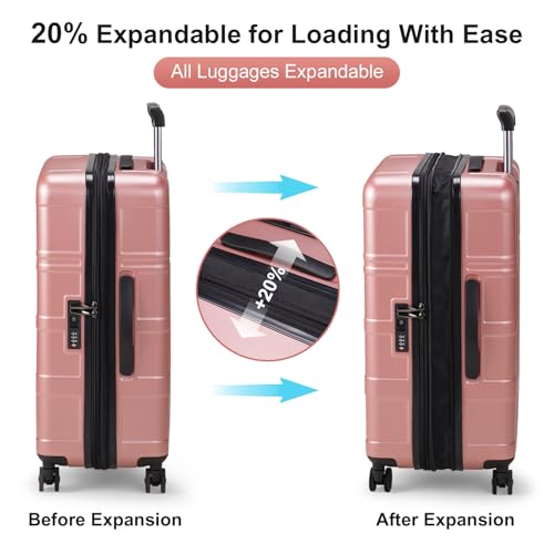 3 Piece Expandable Luggage Set PC+ABS Hard-Side Spinner Suitcase 20in 24in 28in Rose Gold M993931