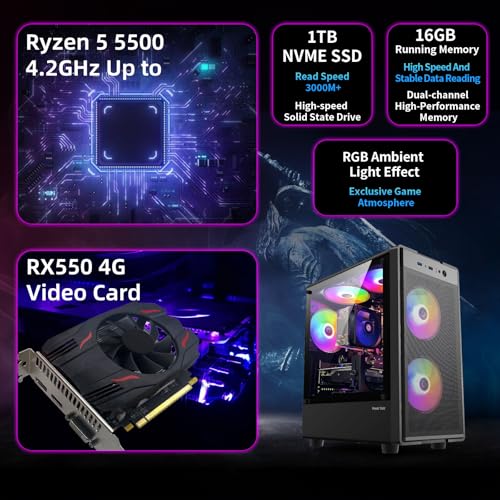 Gaming PC Desktop Computer, AMD Ryzen 5 5500, Radeon RX 550 4GB, 16G DDR4 RAM, 1TB NVME SSD W61348