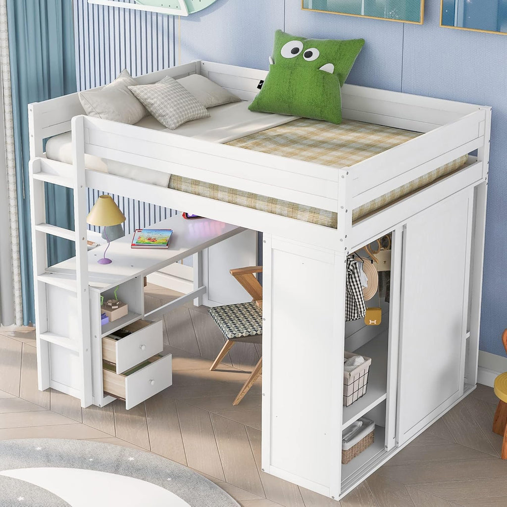 White Full Loft Bed with Wardrobe and Desk and Storage Drawers A918