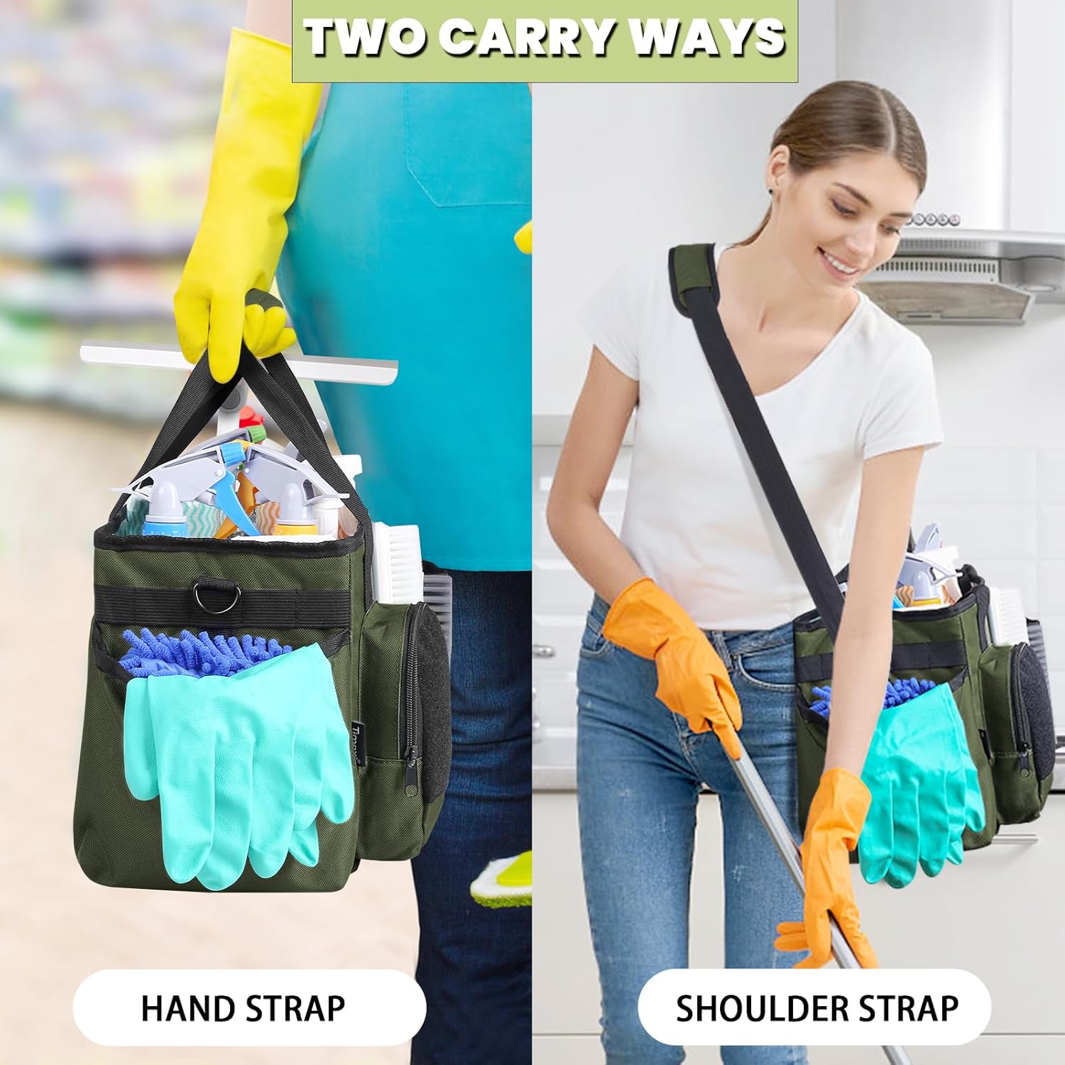 Green Cleaning Caddy Bag with Handles and Adjustable Shoulder Strap A12041