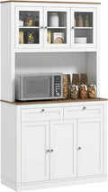 White Tall Kitchen Pantry Storage Cabinet with Microwave Stand, 2 Drawers, 5 Doors, Adjustable Shelves and Glass Doors P311449