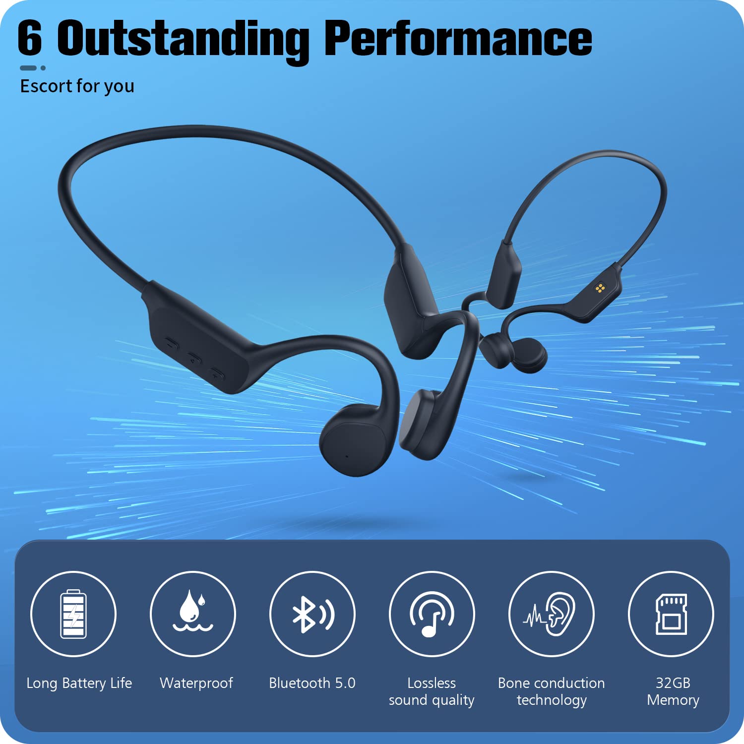Bone Conduction Wireless Bluetooth 5.0 Open Ear Headphones with 32G Memory IP68 Waterproof G978292