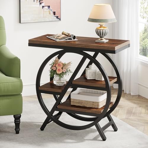 3-Tier Narrow Wood Side Table with Geometric Metal Frame K5110