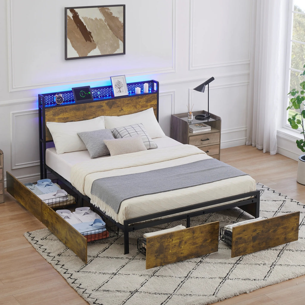 Queen Size Platform Bed Frame with Storage Headboard and 6 Drawers N273