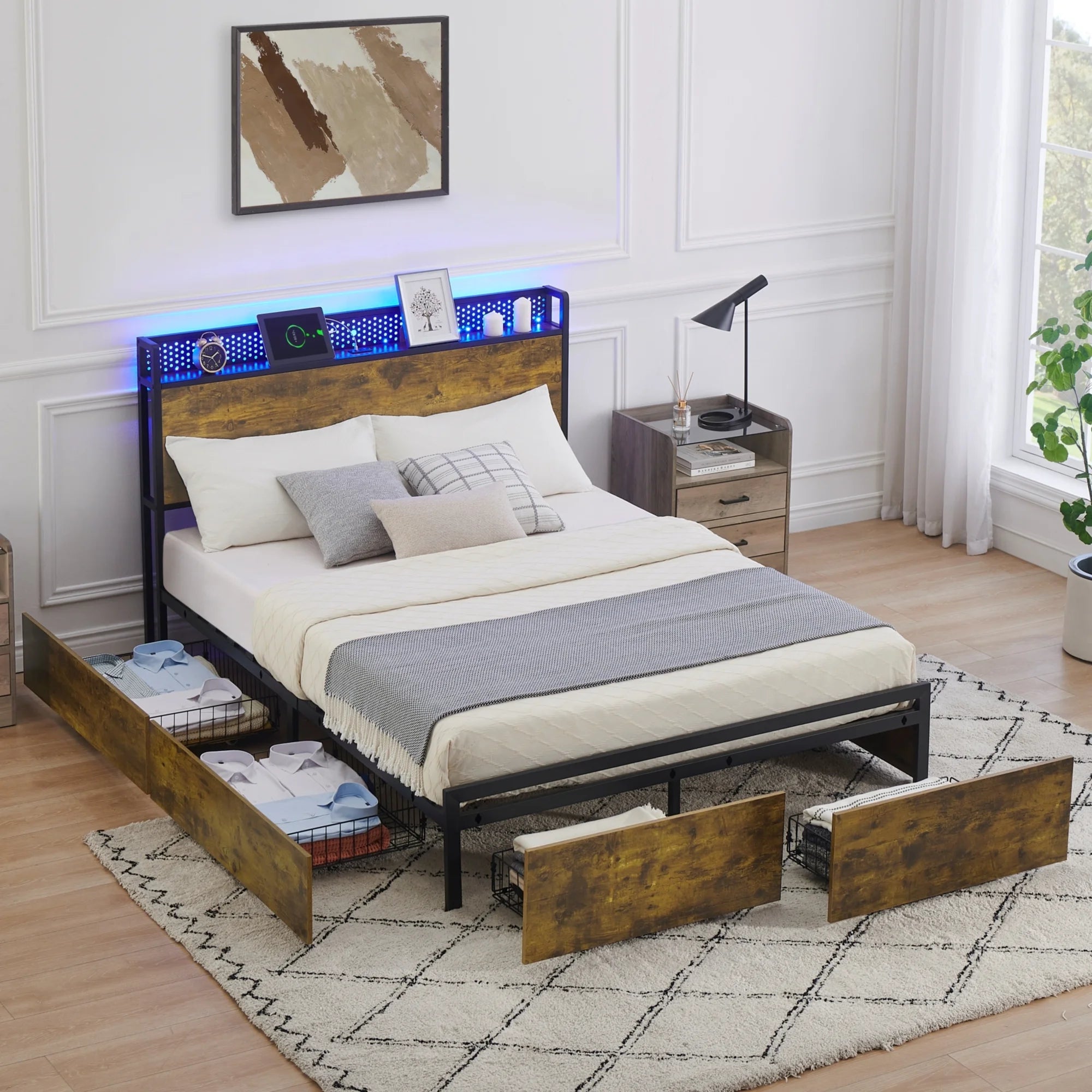 Queen Size Platform Bed Frame with Storage Headboard and 6 Drawers N273