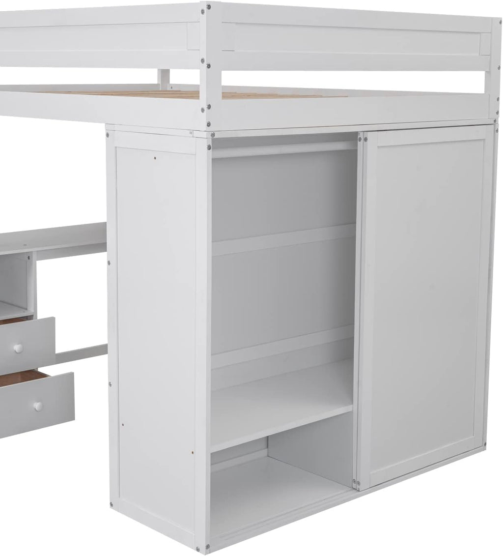 White Full Loft Bed with Wardrobe and Desk and Storage Drawers A918