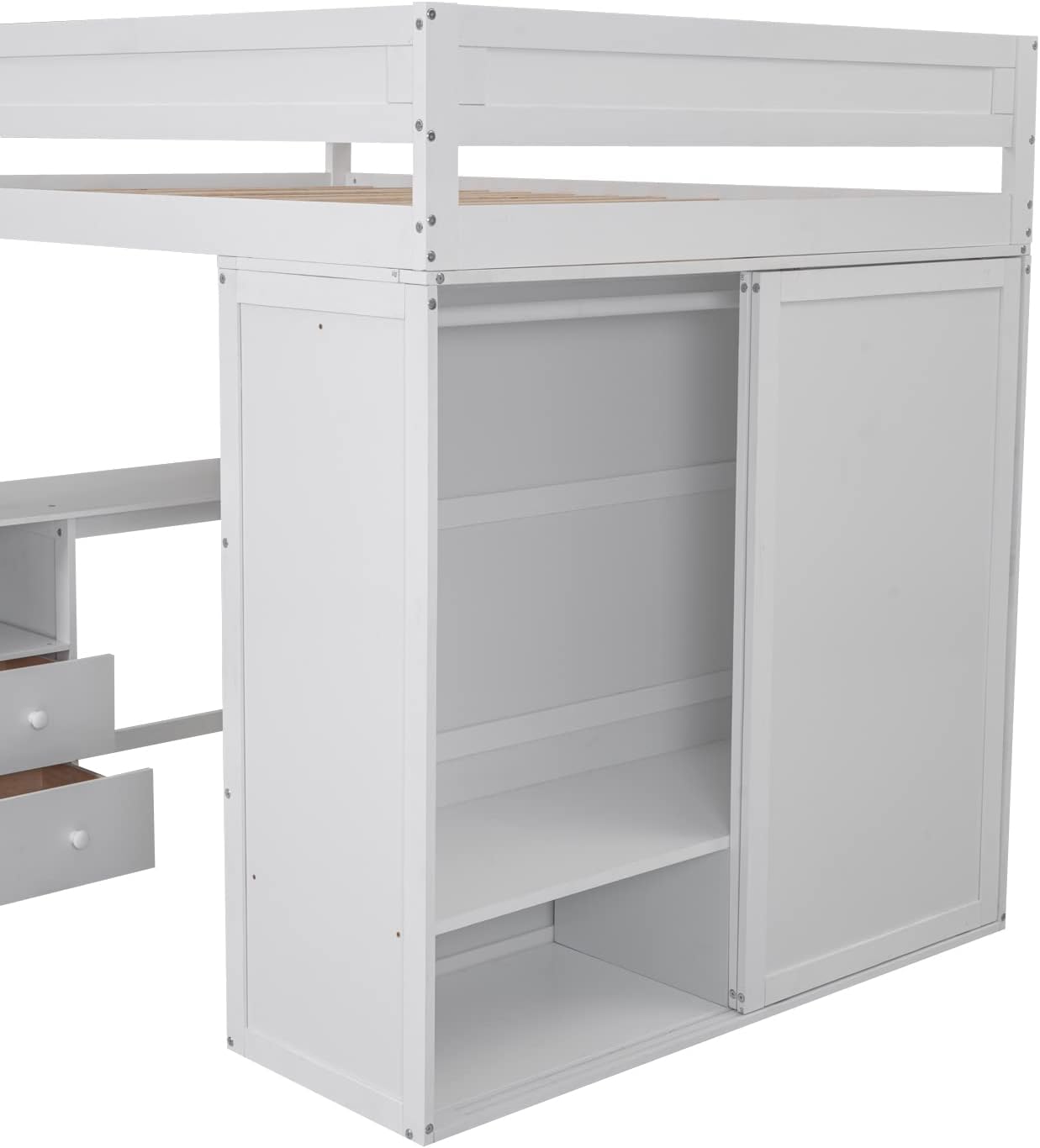 White Full Loft Bed with Wardrobe and Desk and Storage Drawers A918