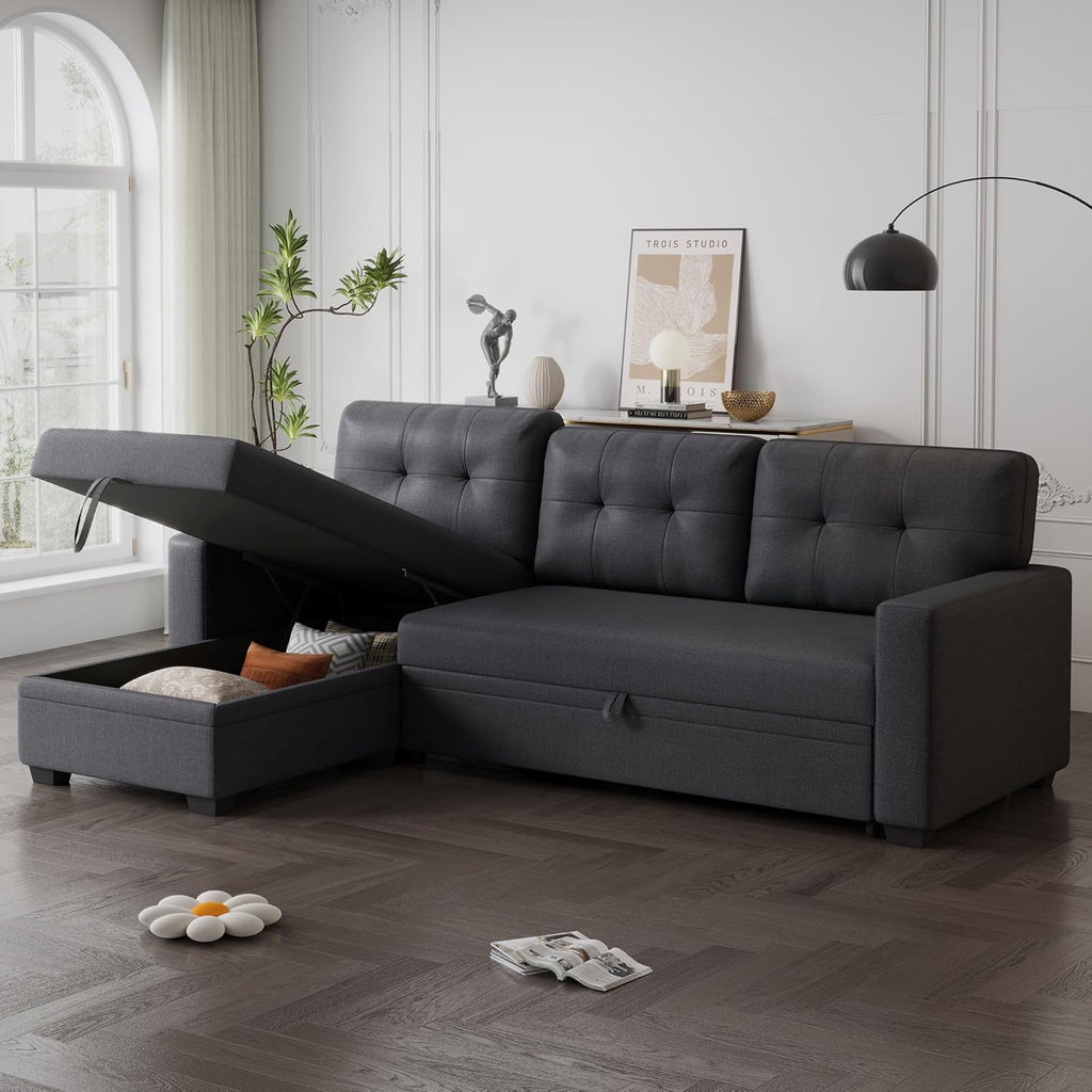 Dark Gray Linen Upholstered 3 Seater Pull Out Sofa Bed with Storage Chaise P77352