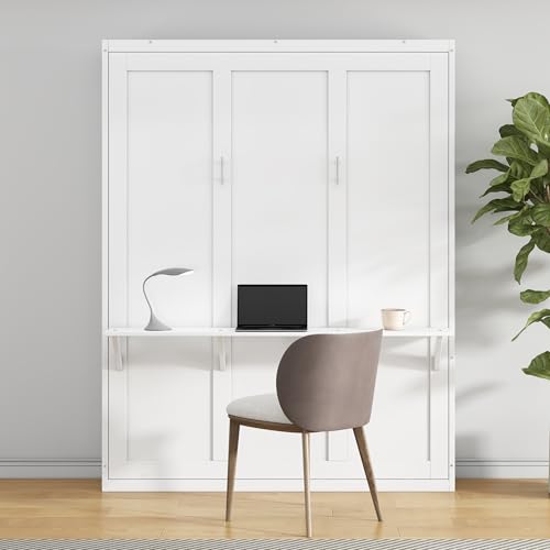 White Full Size Wood Murphy Bed with Desk D853