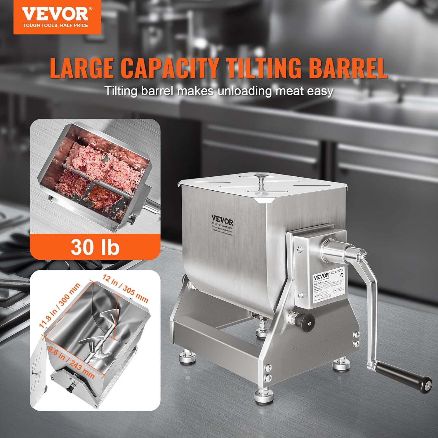 30 Pound Capacity Stainless Steel Manual Meat Mixer with Lid and Handle O57884