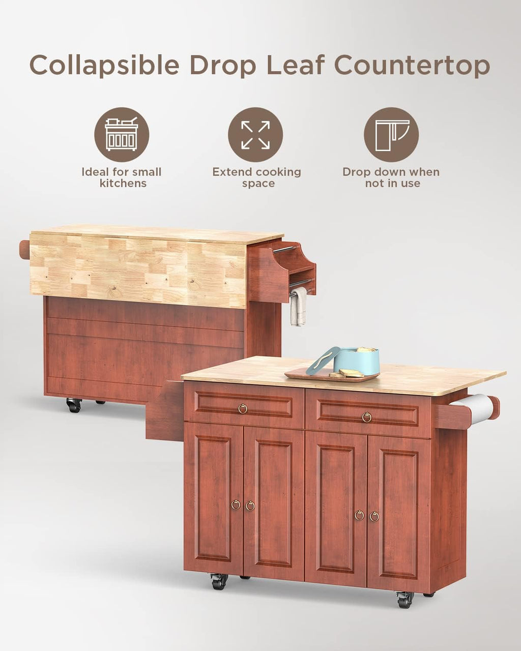 Brown Wood Kitchen Island with Drop Leaf Countertop and Lockable Wheels T721
