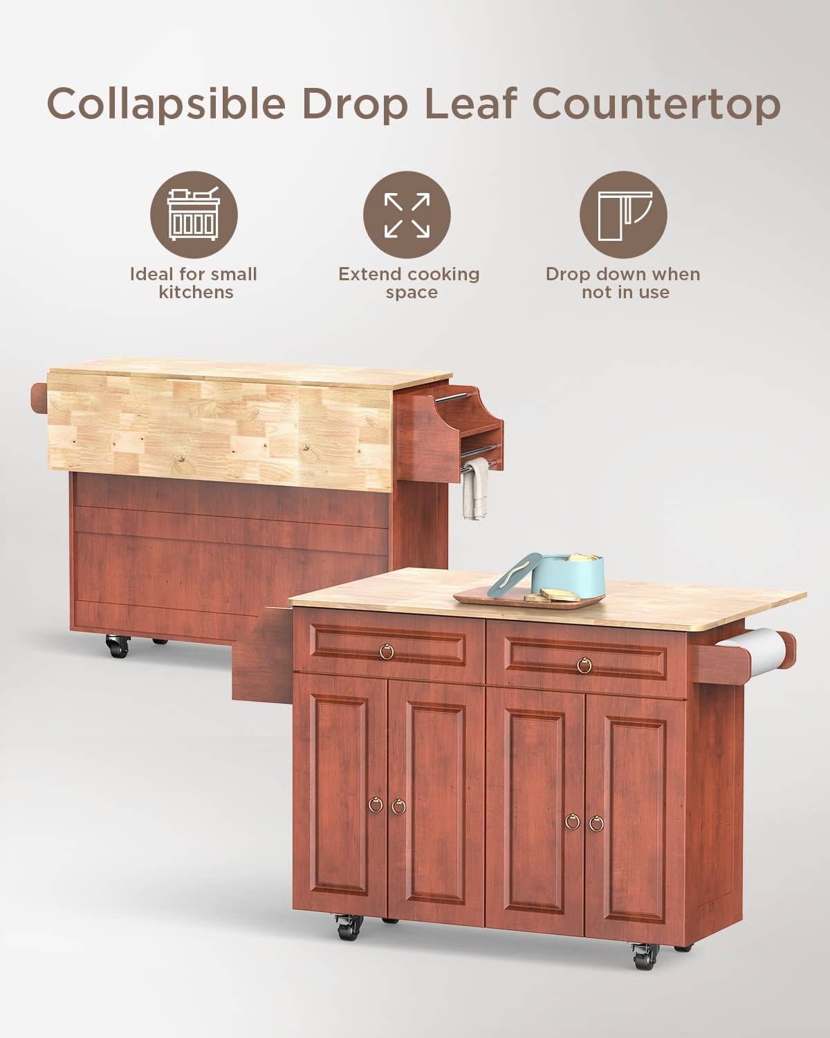 Brown Wood Kitchen Island with Drop Leaf Countertop and Lockable Wheels T721