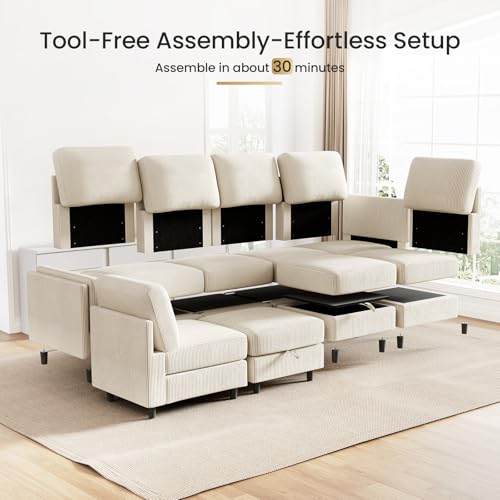 Modular Sectional Sofa Bed with Storage Ottoman, Beige H709781