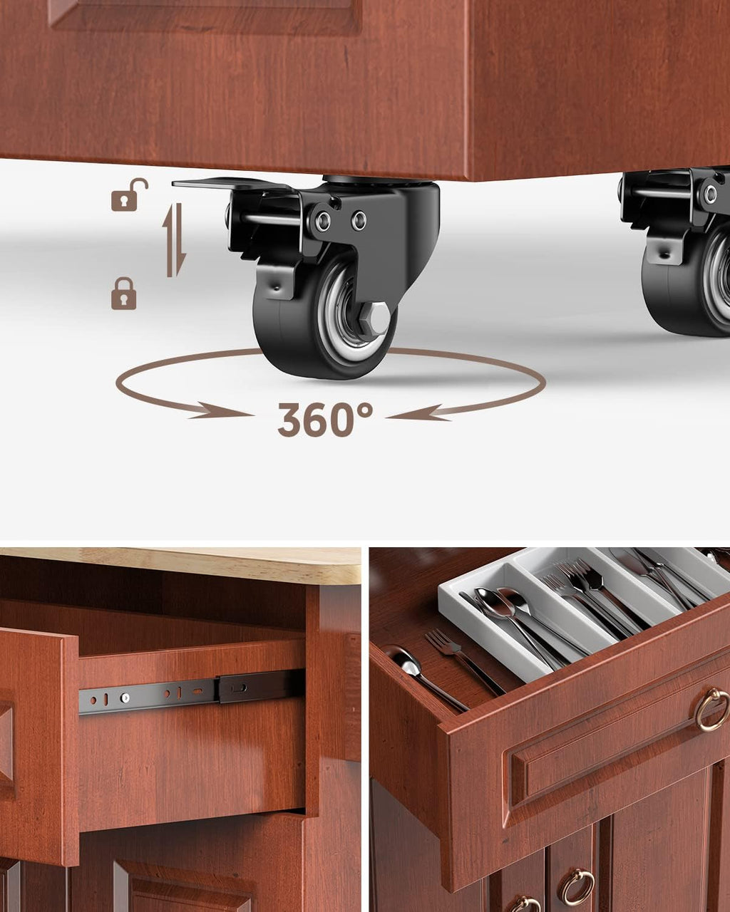 Brown Wood Kitchen Island with Drop Leaf Countertop and Lockable Wheels T721