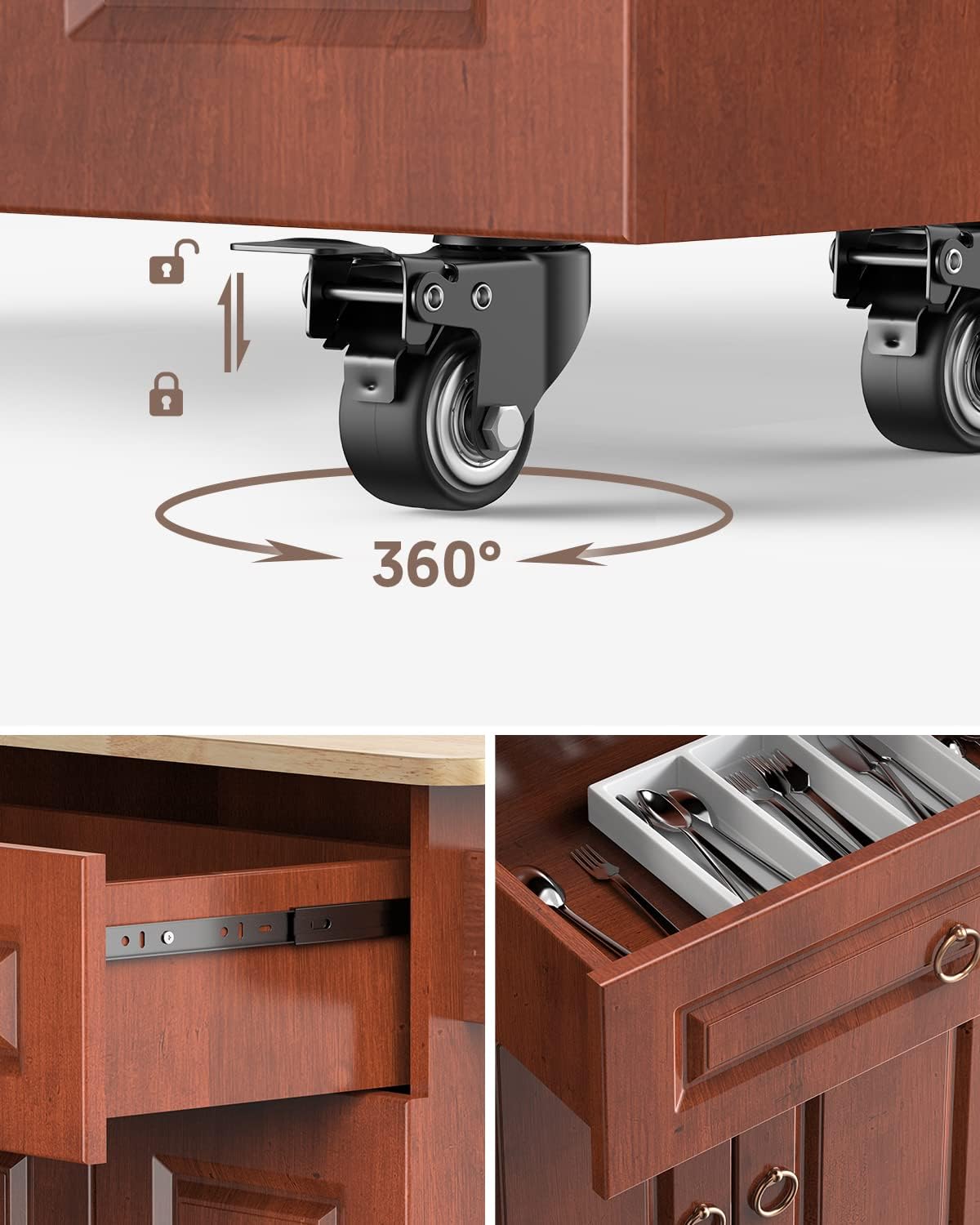 Brown Wood Kitchen Island with Drop Leaf Countertop and Lockable Wheels T721