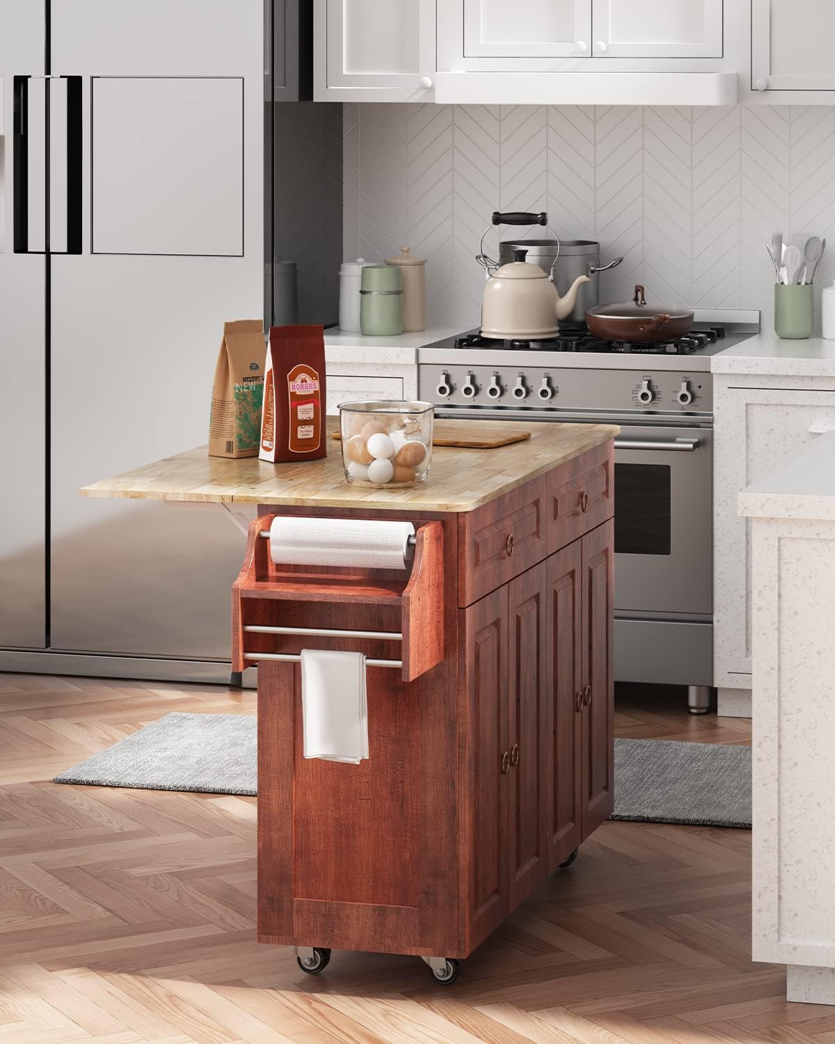 Brown Wood Kitchen Island with Drop Leaf Countertop and Lockable Wheels T721