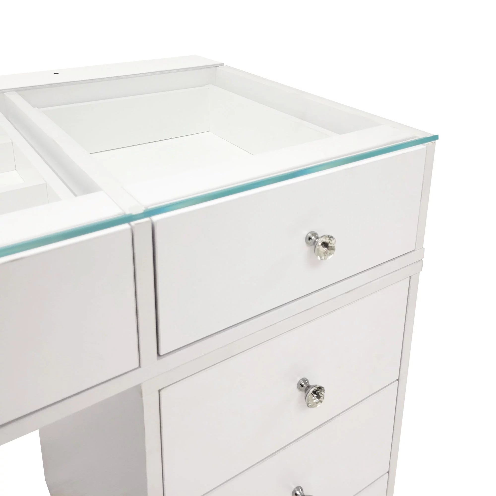 White 10 Drawer Vanity Desk with Glass Tabletop I19889