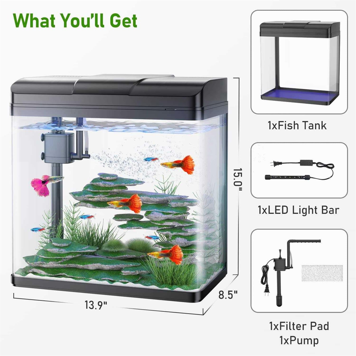 5 Gallon Glass Fish Tank with Air Pump LED Lights Filter J534733