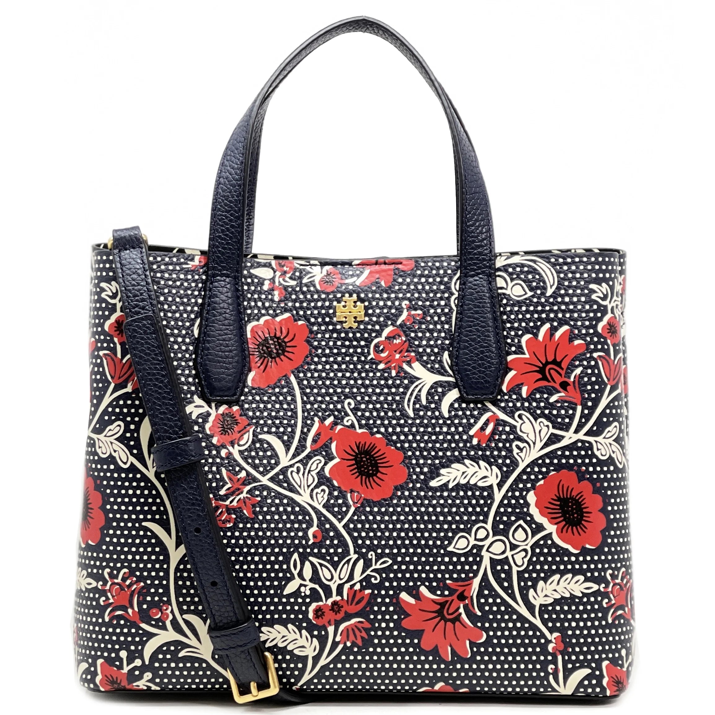 Navy Red Pebbled Leather Small Tote R5401