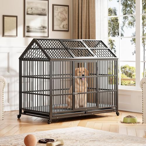 Heavy Duty Metal Dog Crate with Lockable Wheels and Removable Tray F483252