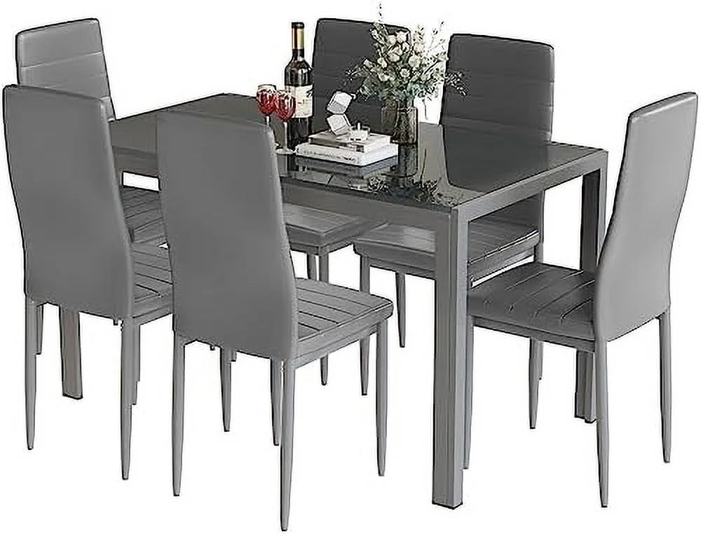 5 Piece Faux Marble Dining Table and PU Leather Chairs Set N854