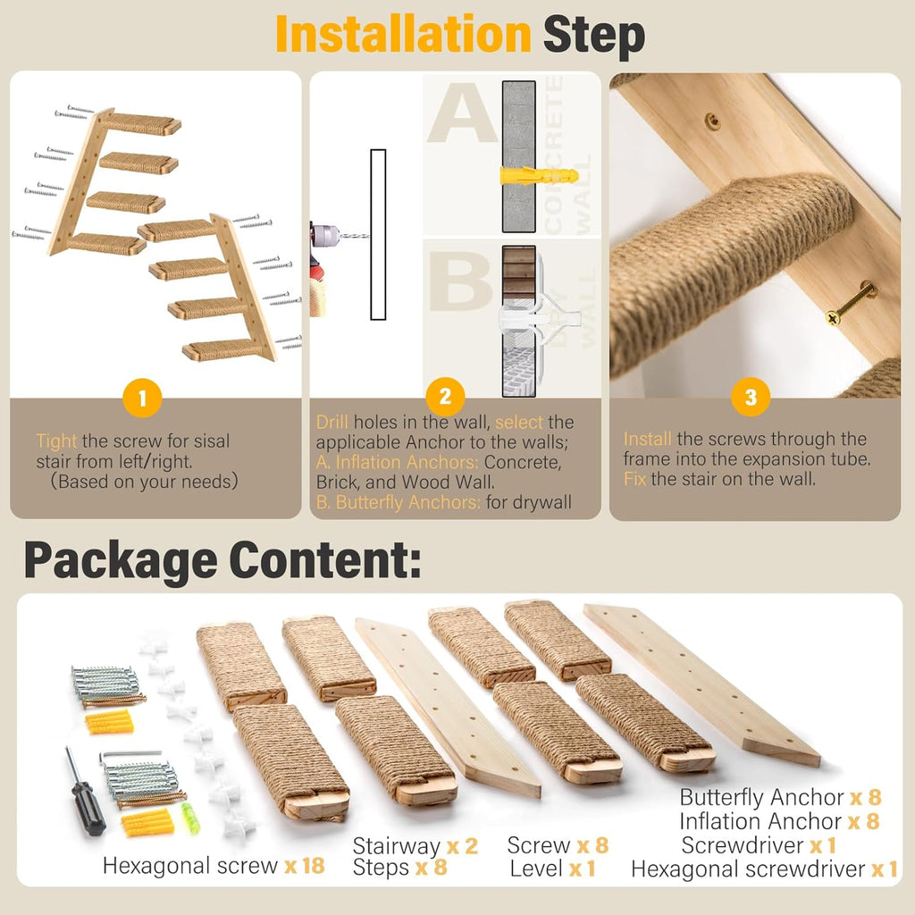 2 Pack 4 Steps Cat Wall Shelves with Eco-Friendly Sisal Rope A259871