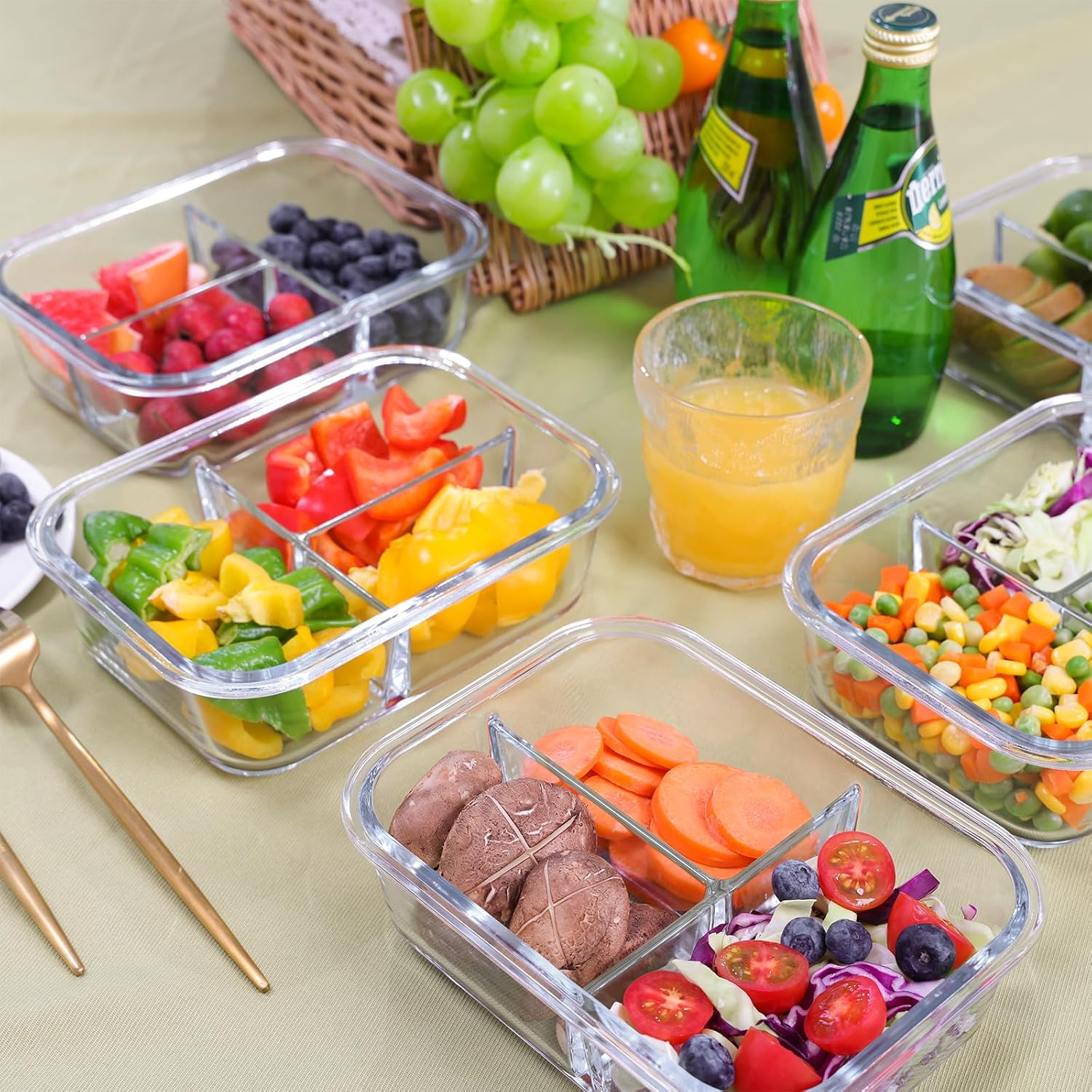 5-Pack 3 Compartments 35oz Glass Meal Prep Containers with Lids, Grey N170