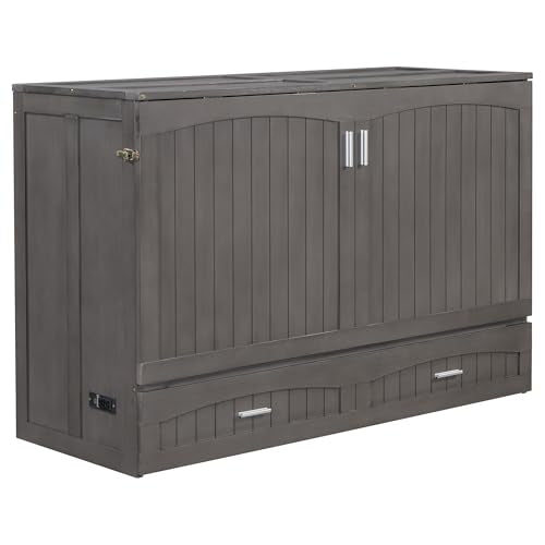 Queen Size Solid Pine Murphy Bed Cabinet with Storage Drawer H455022