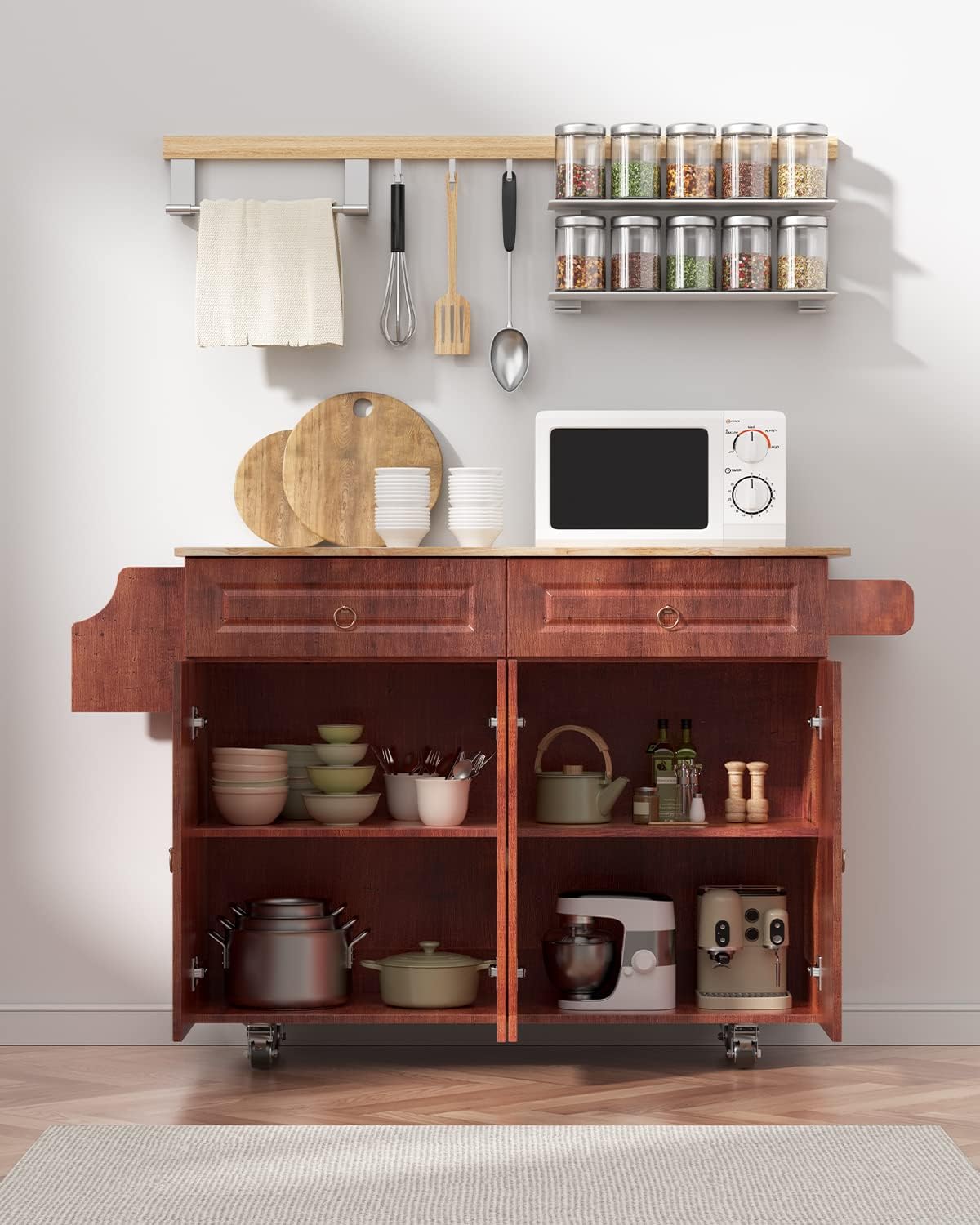 Brown Wood Kitchen Island with Drop Leaf Countertop and Lockable Wheels T721
