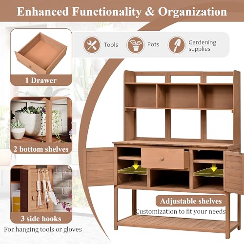 Light Brown Fir Wood Potting Bench with Drawers and Storage Shelves Q38373