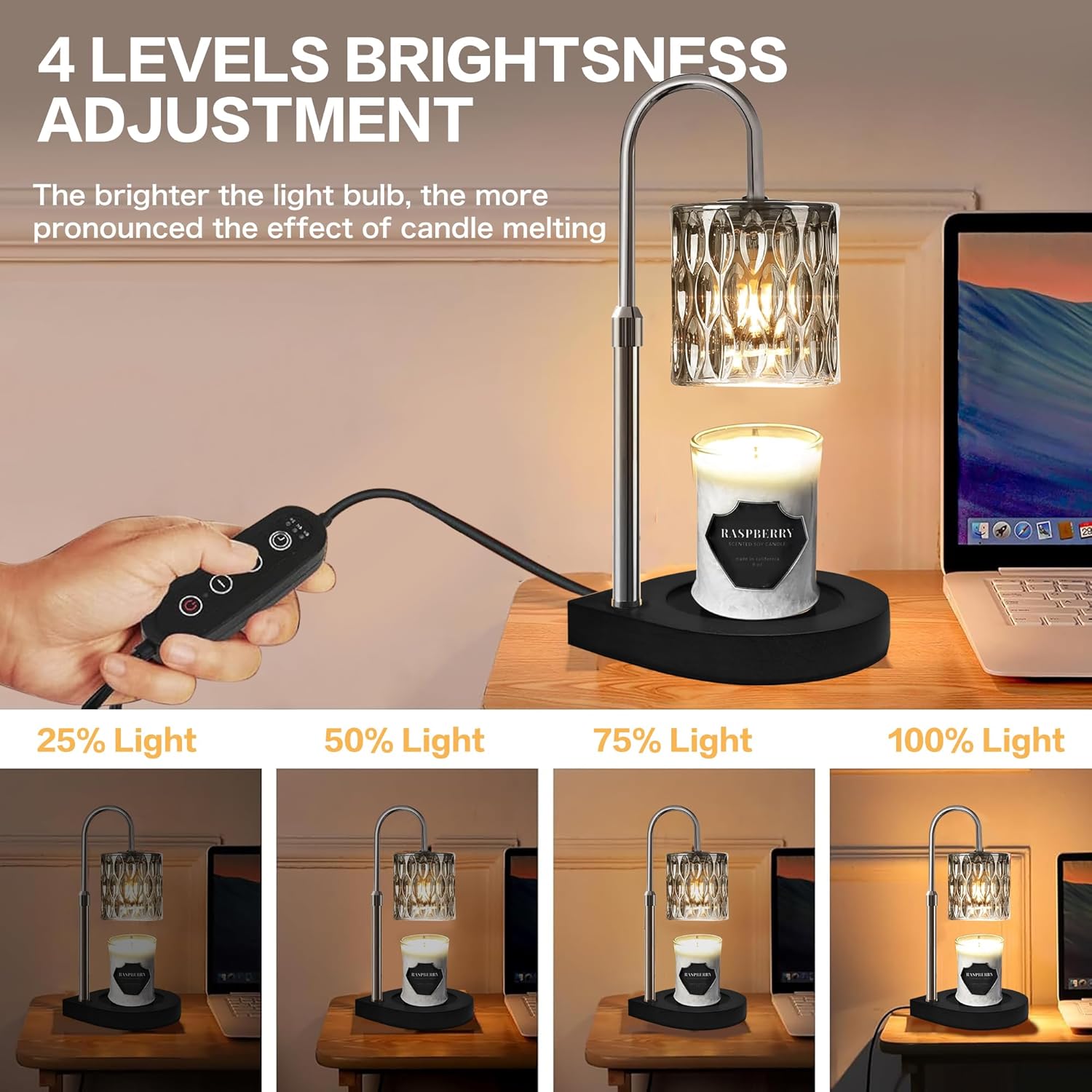 Candle Warmer Lamp with 3 Bulbs, Adjustable Height Dimmable Timer Black Z527