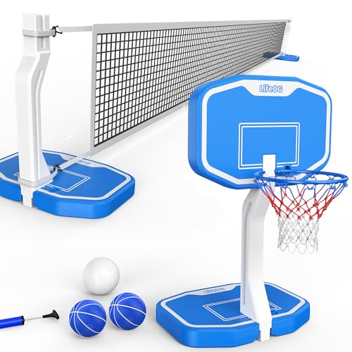 Swimming Pool Basketball & Volleyball Game Set with Hoop, Balls, Net, and Pump, BLUE W73837
