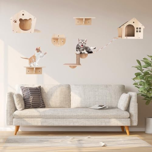 Cat Wall Shelves Set of 7 Wall Mounted Cat Furniture with Cat Scratching Post T7339