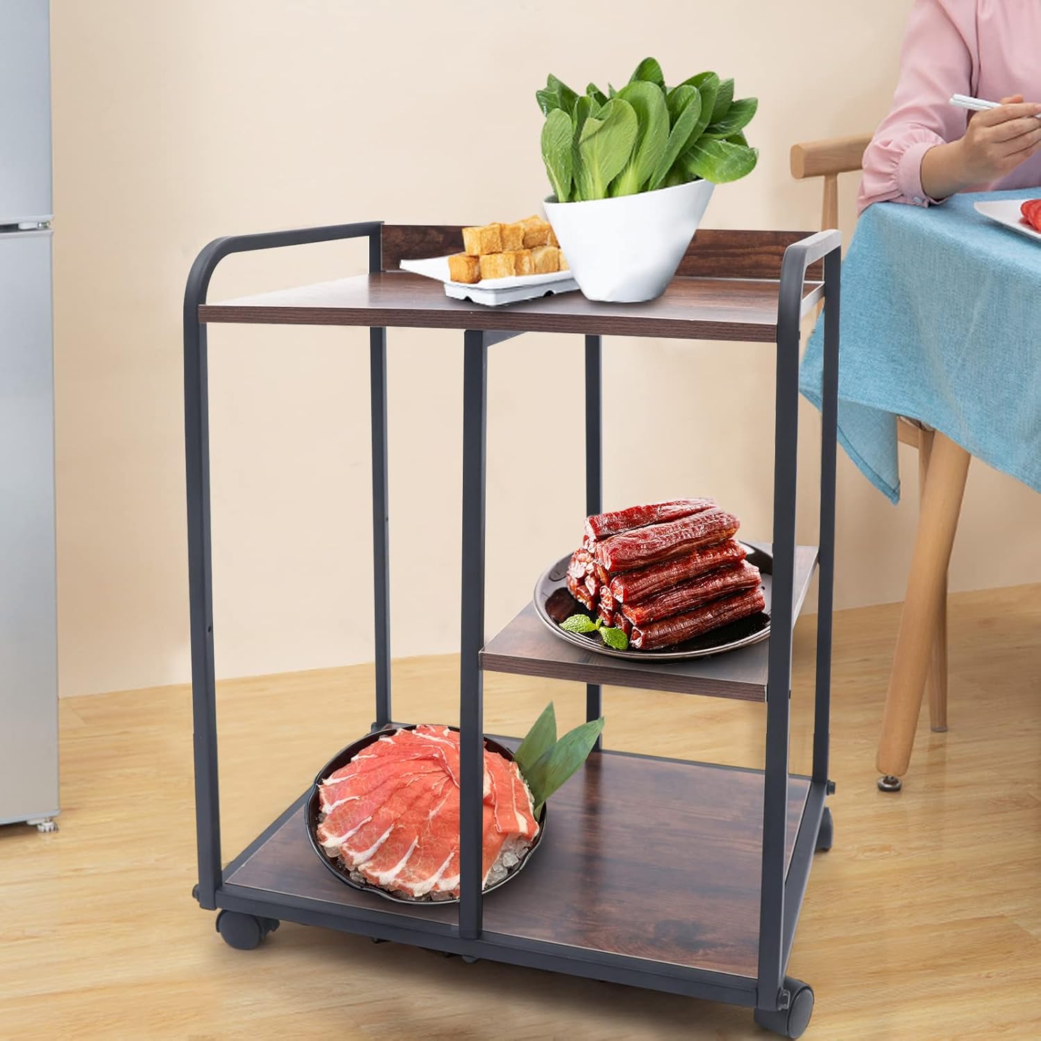 Brown 3-Shelf Rolling Printer Stand with Wheels F59244
