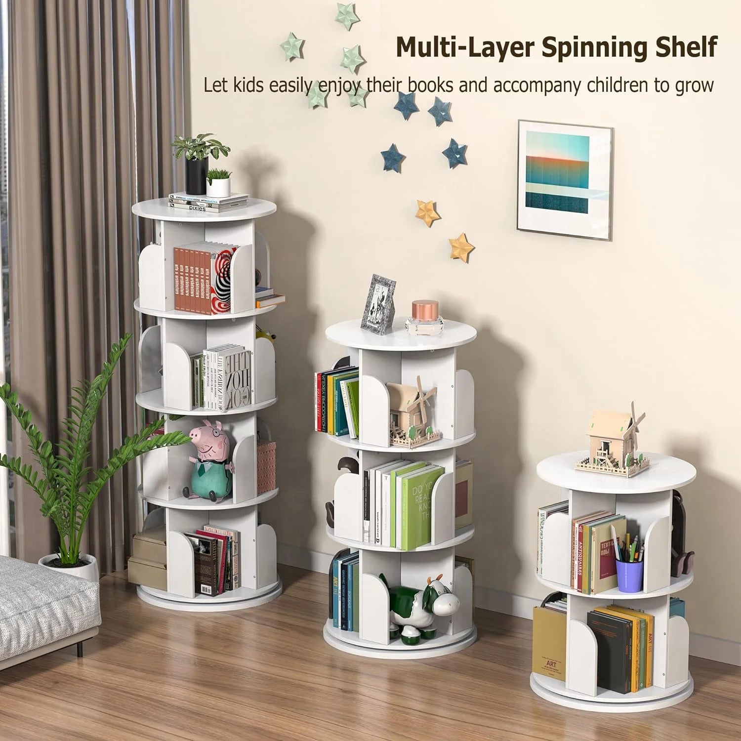 White 4 Tier Rotating Bookshelf E51409
