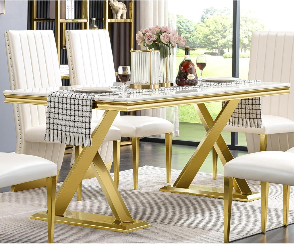 White and Gold 72" Dining Table with Double X-Base M510009