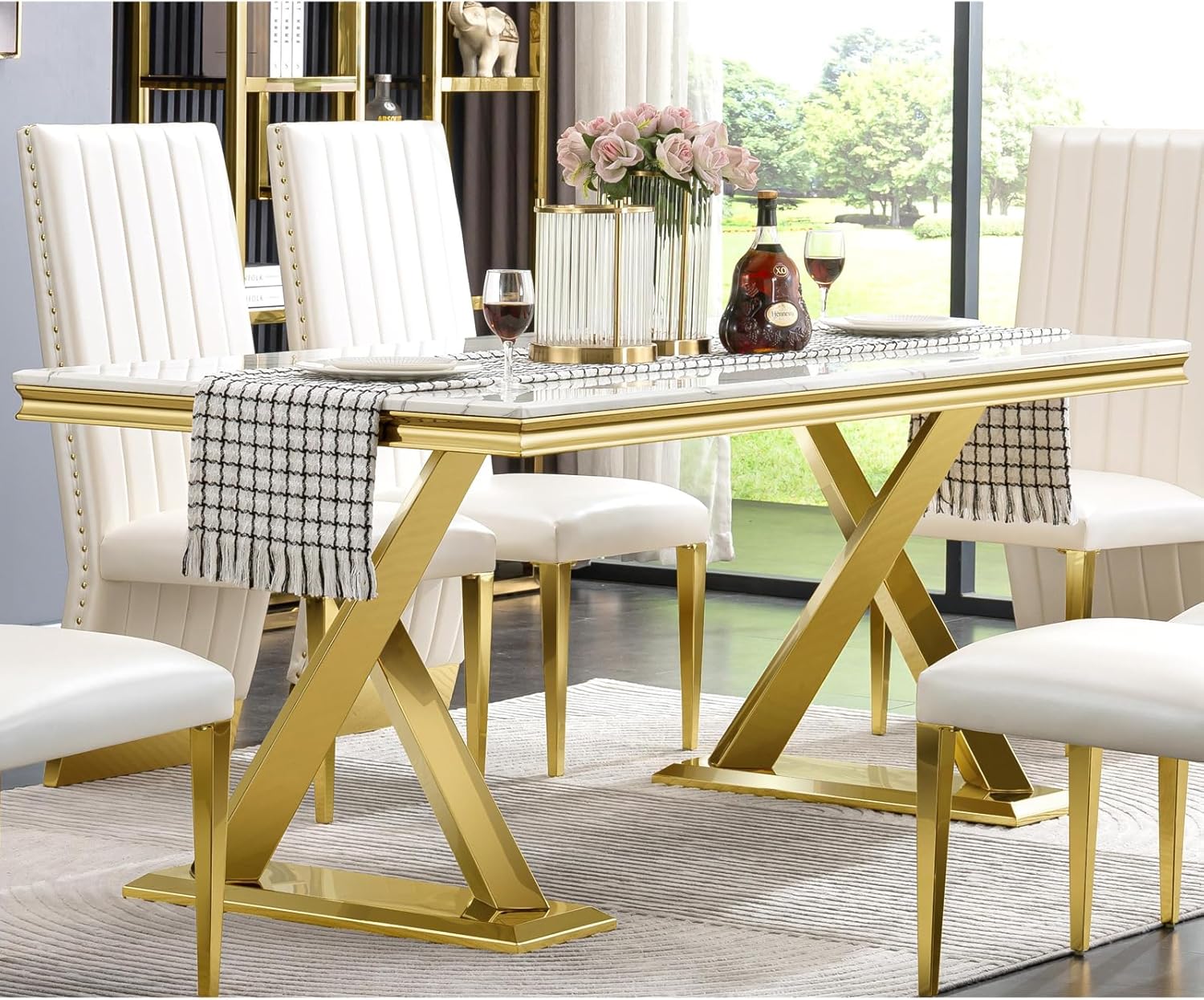 White and Gold 72" Dining Table with Double X-Base M510009