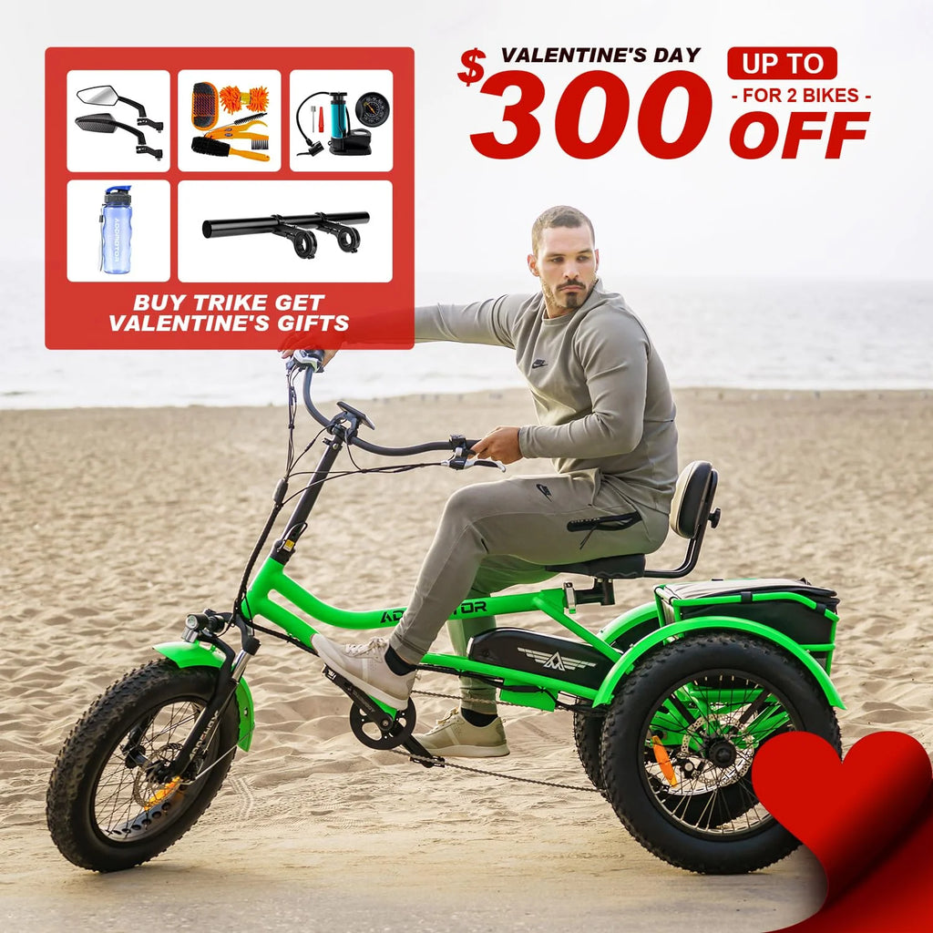 Green Semi-Recumbent Electric Trike, 85MI, 750W 48V 20Ah, 20" O616127