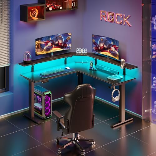Black Electric Height Adjustable L Shaped Desk with LED Light and Power Outlet W539